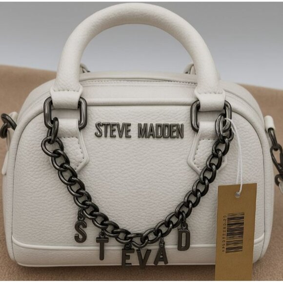 Steve Madden White Mini Barrel Satchel Bag With Chain Accent Adjustable Strap